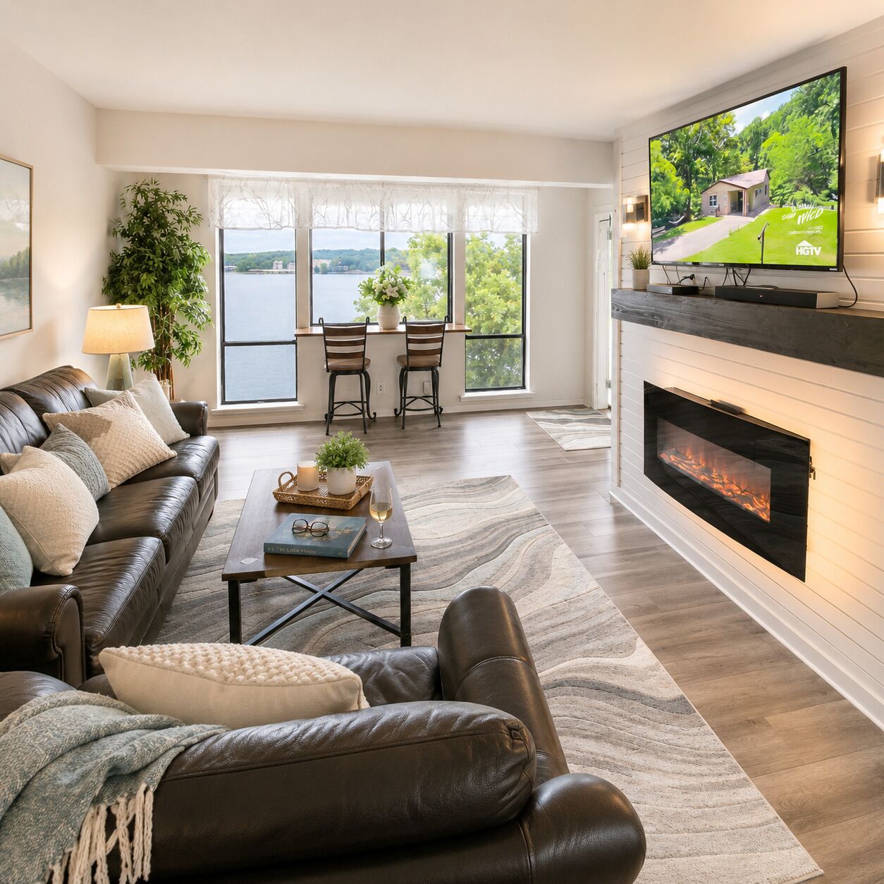 Smart TV, fireplace, computer monitors