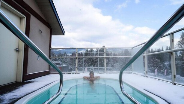 Une piscine dotée de rampes en verre, entourée d’un paysage enneigé et d’arbres.