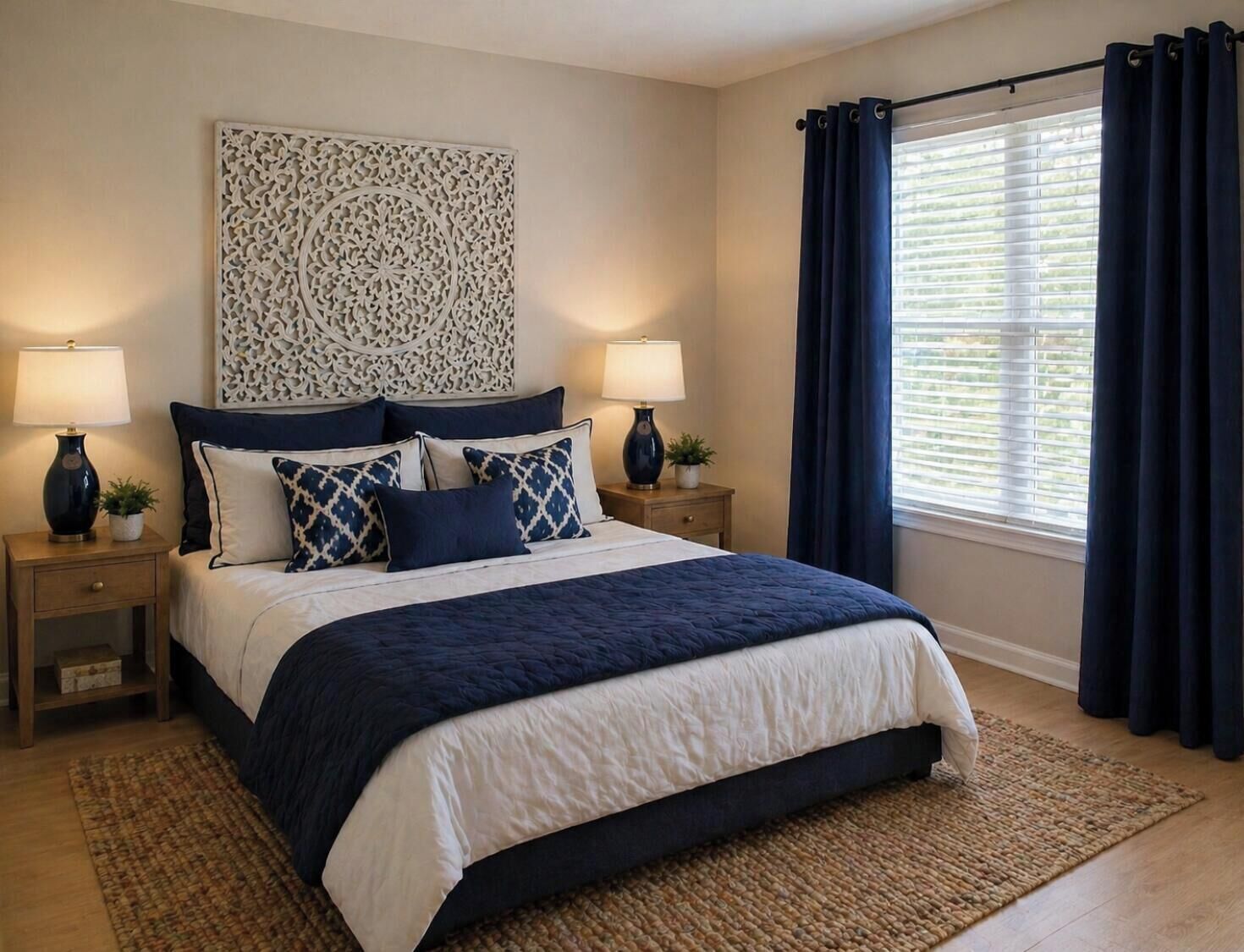 A bedroom with a large bed, two bedside tables, a decorative wall panel, and a window with curtains.