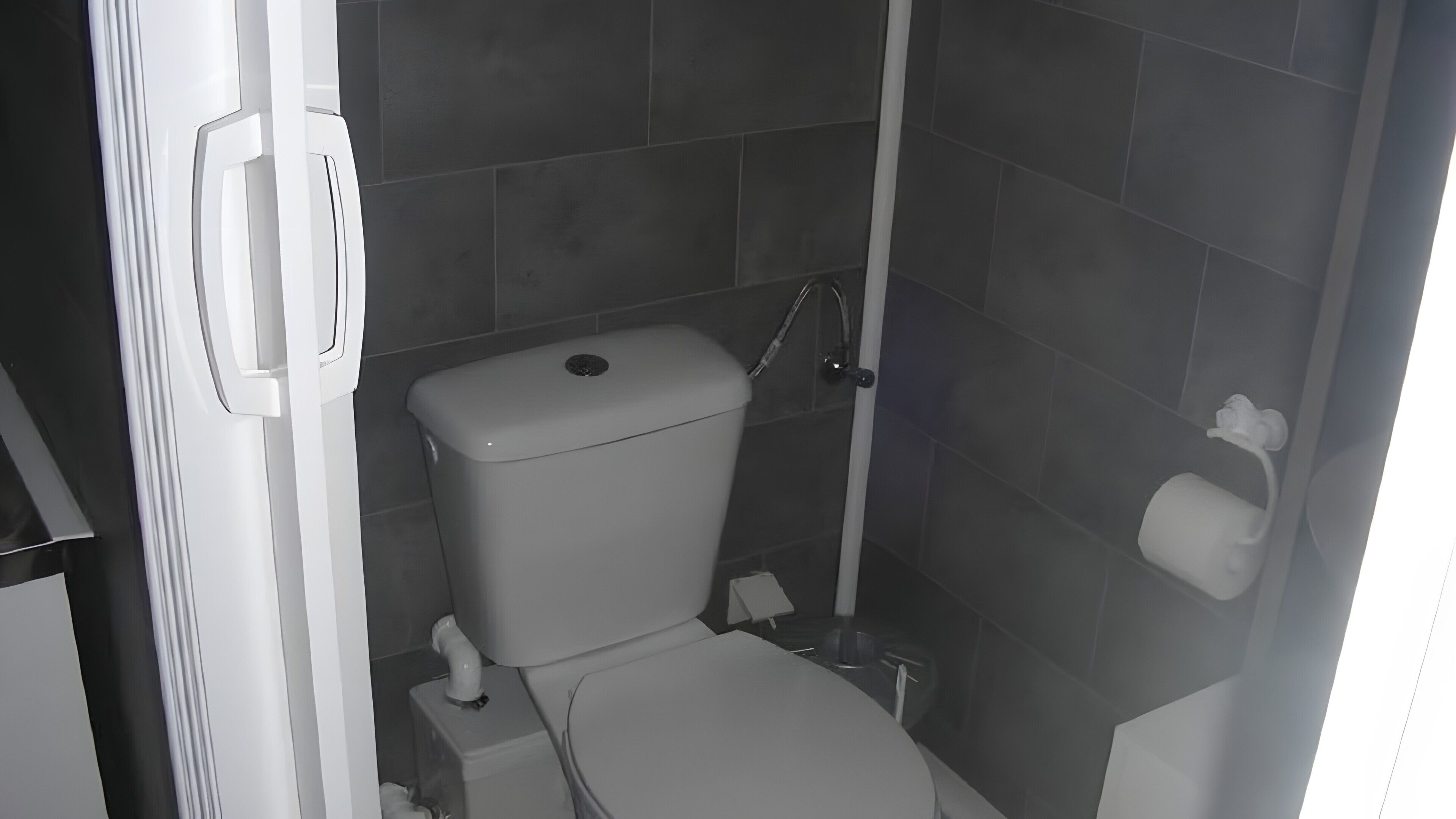 Une salle de bain équipée de toilettes, d’une douche et d’un porte-rouleau de papier toilette.