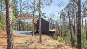 A cabin in a forest with a dirt path leading to it, surrounded by tall trees. - BRAND NEW Modern Luxe Scandinavian Cabin with Hot tub/Fire Pit WIFI (Blue Ridge)