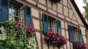 Edificio de entramado de madera con jardineras y contraventanas.