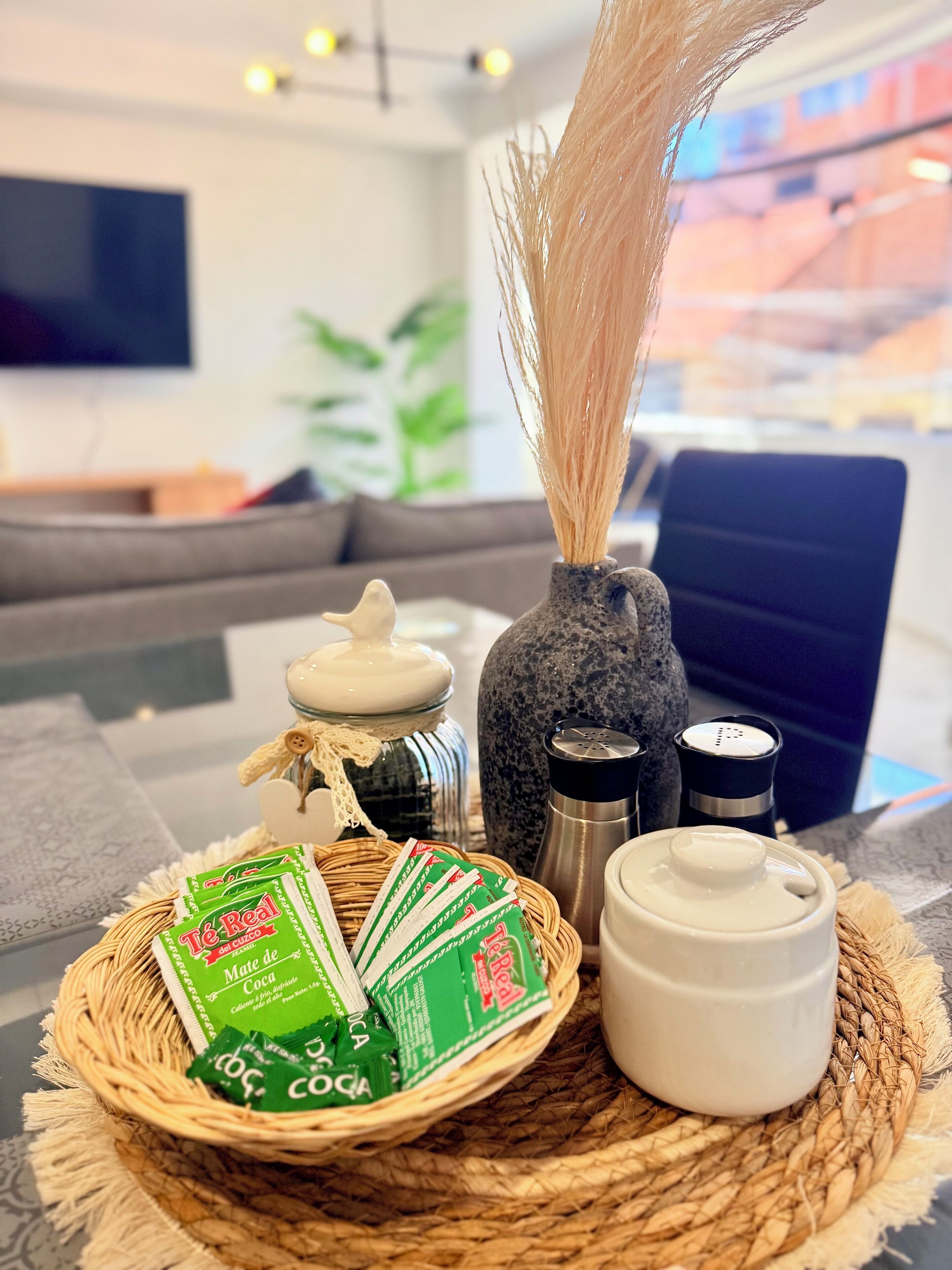 Uma sala de estar com sofá, mesa de centro, um vaso decorativo e uma cesta com caixas de cereal.