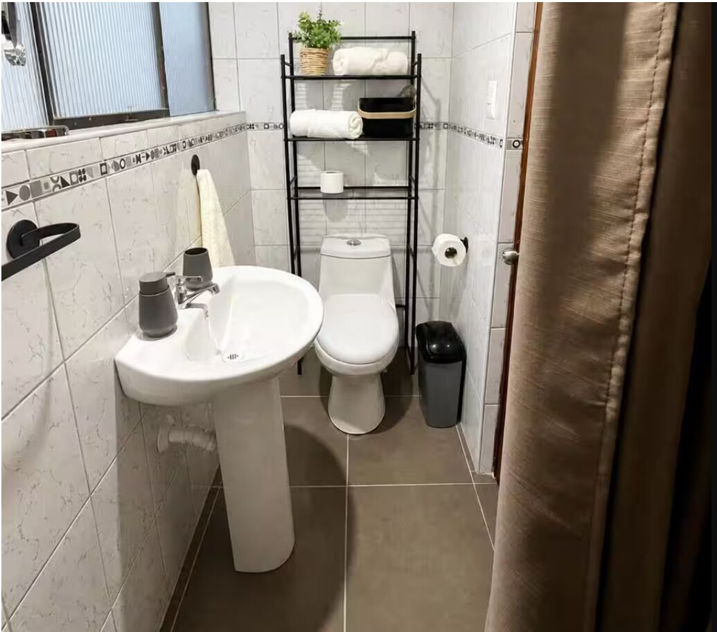 Hair dryer, towels, soap, toilet paper