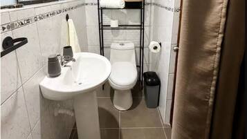 Hair dryer, towels, soap, toilet paper