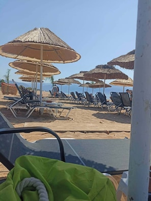 Una playa con tumbonas y sombrillas de paja.