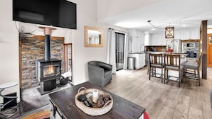 Ein modernes Wohnzimmer mit Kamin, Fernseher und Küchenzeile inklusive Mikrowelle und Kühlschrank.