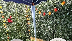 Una mesa al aire libre con mantel floreado, rodeada de sillas y una bandeja con comida y bebidas.