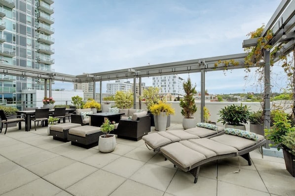 Terraza en la azotea con mobiliario exterior, plantas en macetas y vistas de edificios circundantes.