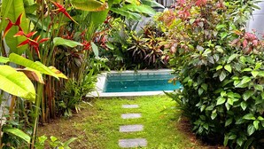 Ein Pool, umgeben von üppigem Grün und einem steinernen Weg, der dorthin führt.