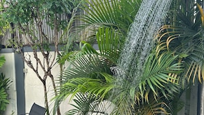 Ein Garten mit Wasserspiel, einem Stuhl und verschiedenen Pflanzen.