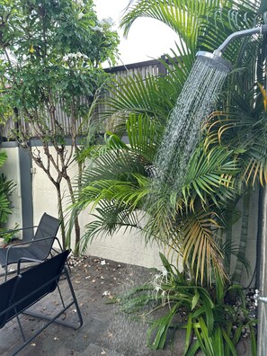 Ein Garten mit Wasserspiel, einem Stuhl und verschiedenen Pflanzen.