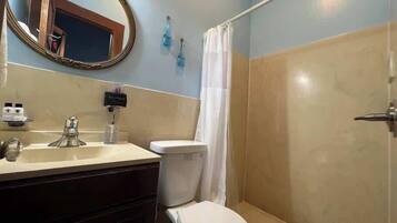Shower, hair dryer, towels, shampoo