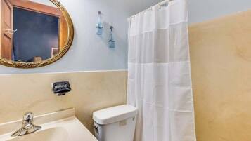 Shower, hair dryer, towels, shampoo
