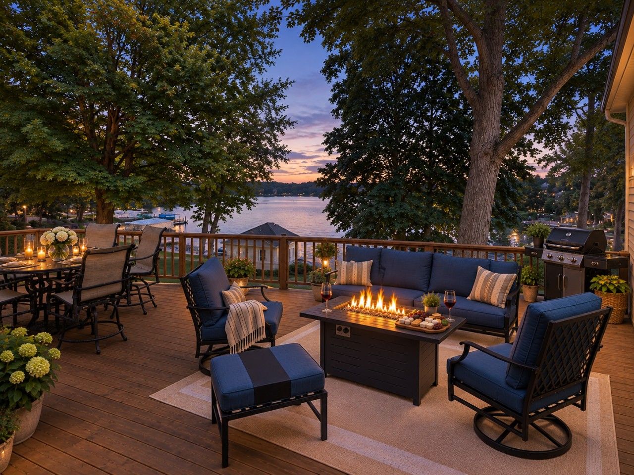 An outdoor deck with a fire pit, seating, and a view of the water.