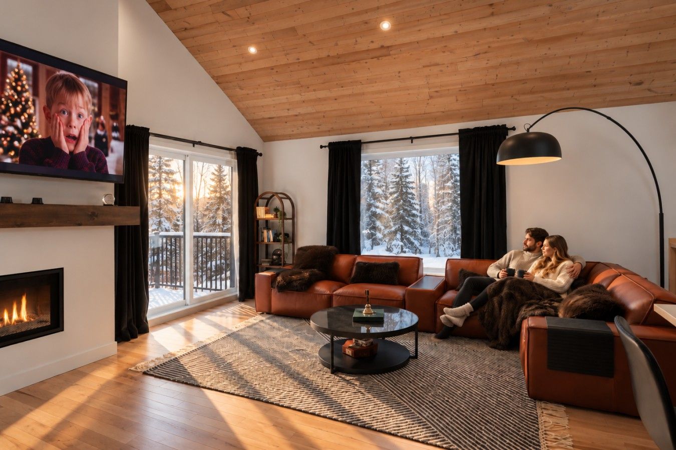 A cozy living room with a fireplace, leather sofas, a coffee table, and a large window with a view of snow-covered trees.