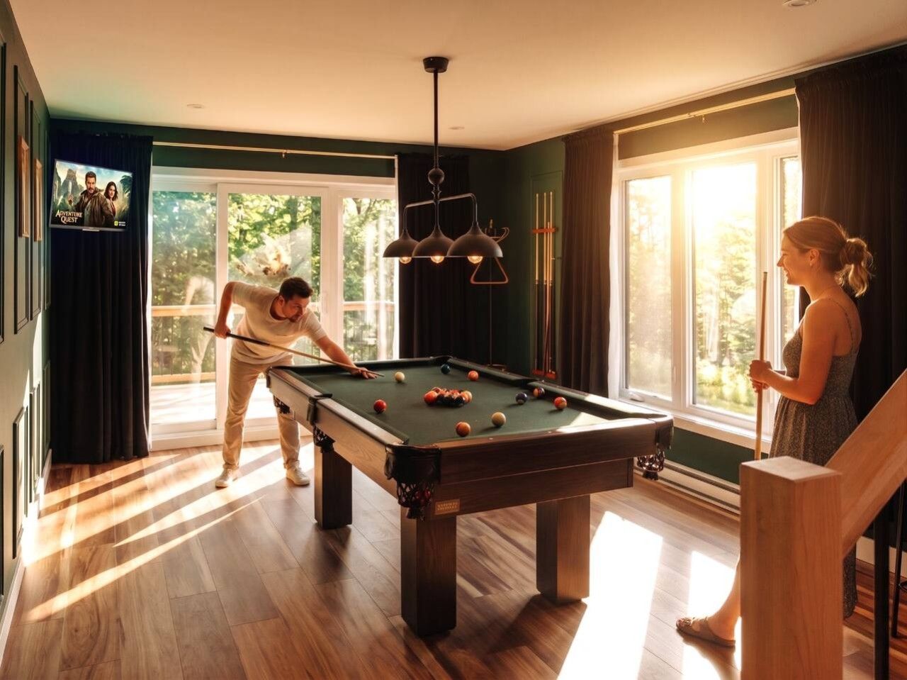 A pool table in a room with large windows, a television, and a staircase.