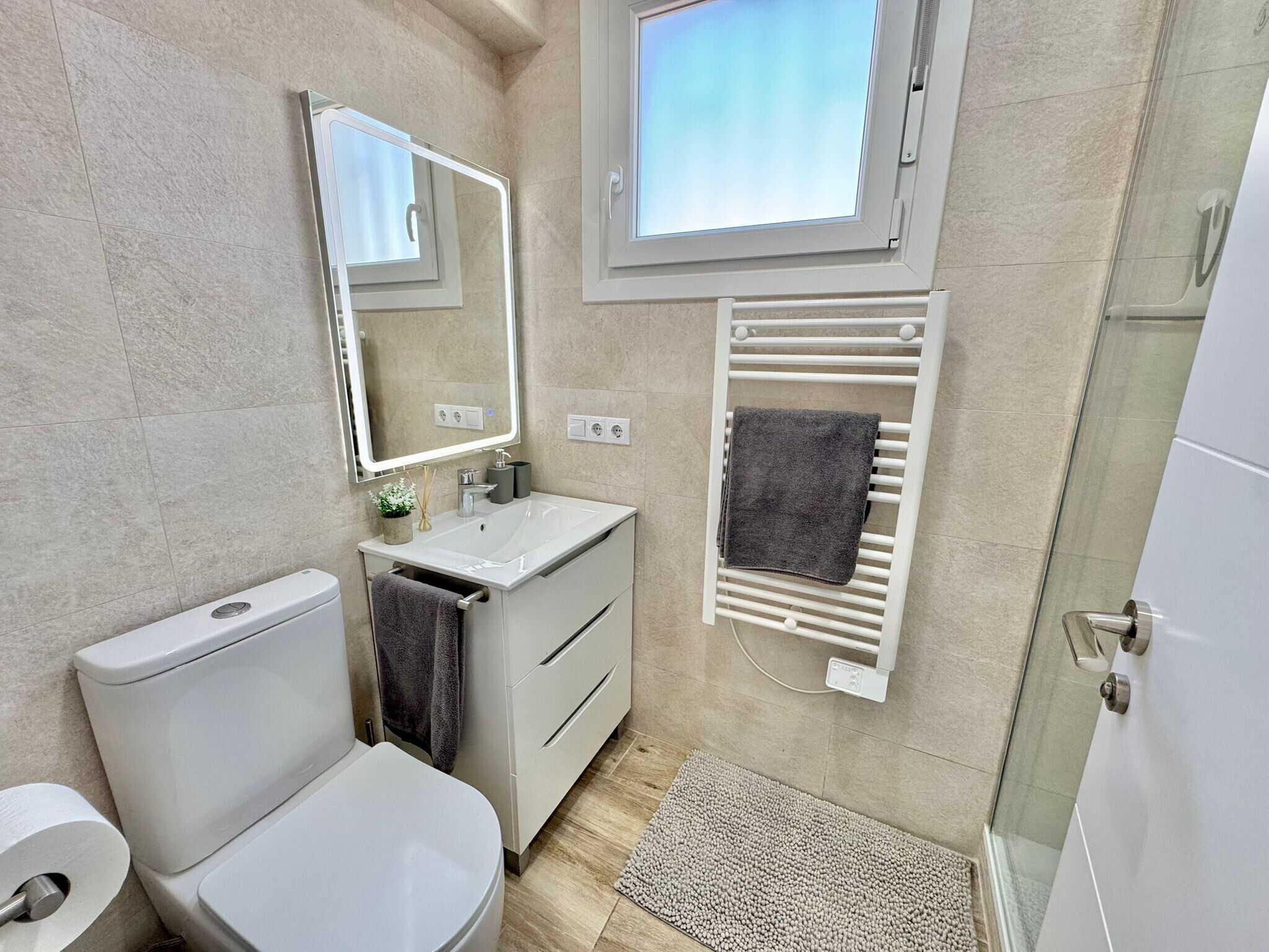 Shower, hair dryer, towels