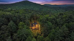 A cabin surrounded by dense forest, with a visible roof and windows, and a mountain in the background. - Where The Mountains Meet | Blue Ridge, GA (Epworth)