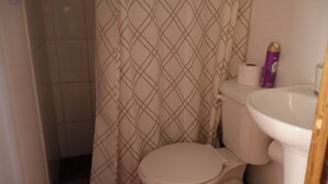 Une salle de bain avec des toilettes, un lavabo et un rideau de douche.