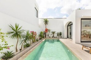 Un área de piscina moderna con una piscina cristalina, rodeada de diversas plantas y un ventanal que da a una zona de estar.