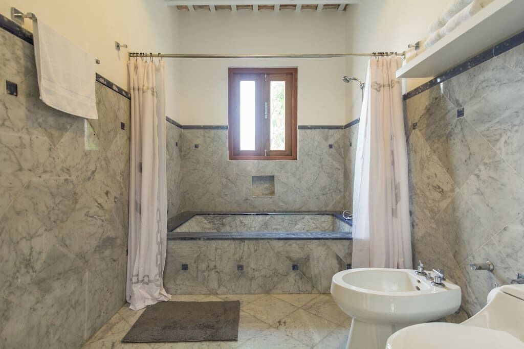 Hair dryer, towels, soap, shampoo