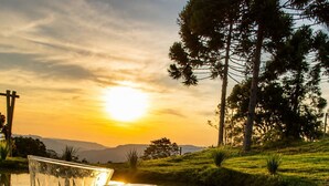 Deux verres de vin blanc tenus dans des mains, un foyer et un coucher de soleil sur une étendue d’eau, avec des arbres en arrière-plan.