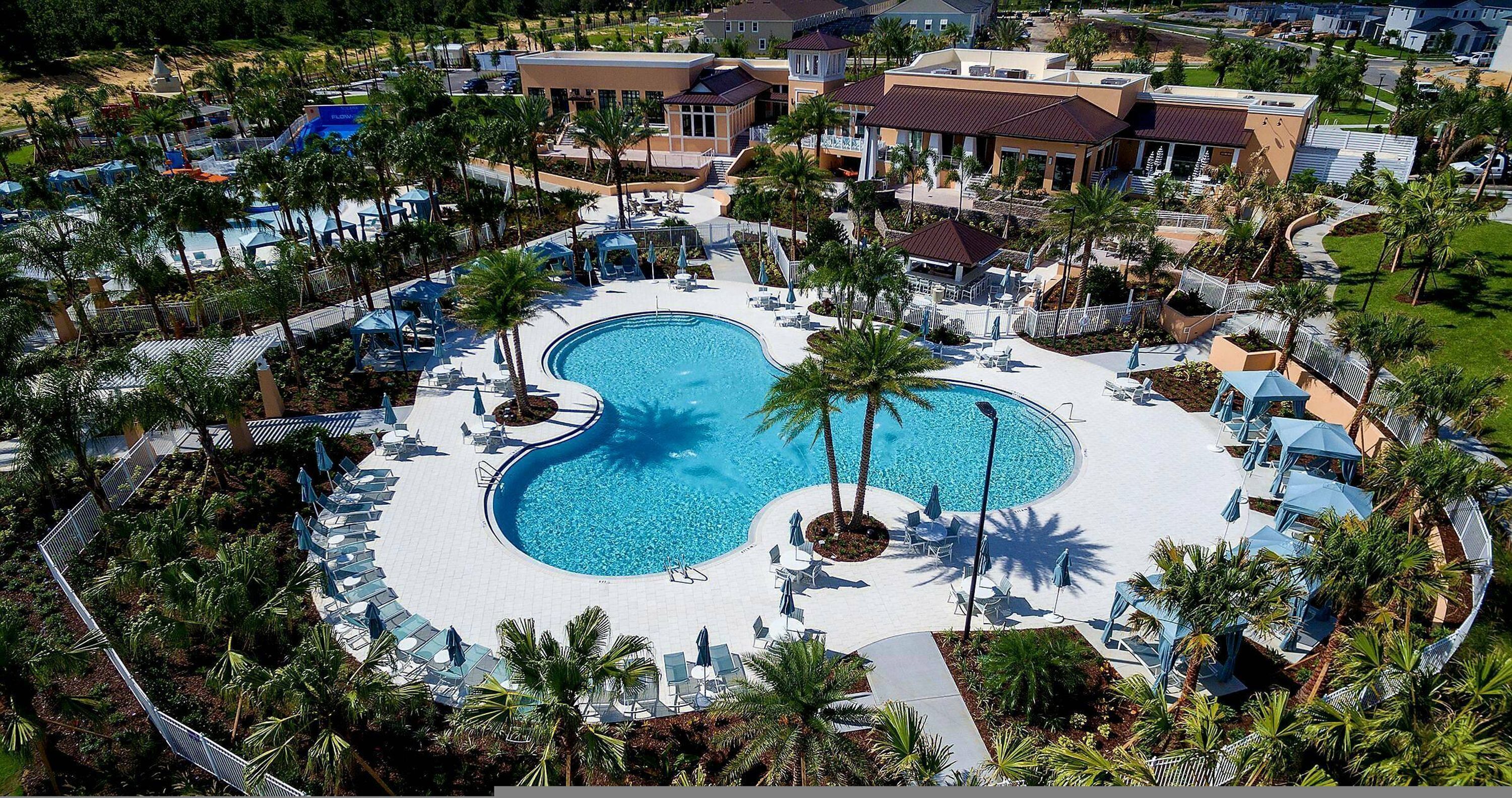 A large, circular pool surrounded by palm trees and lounge chairs, with buildings in the background.
