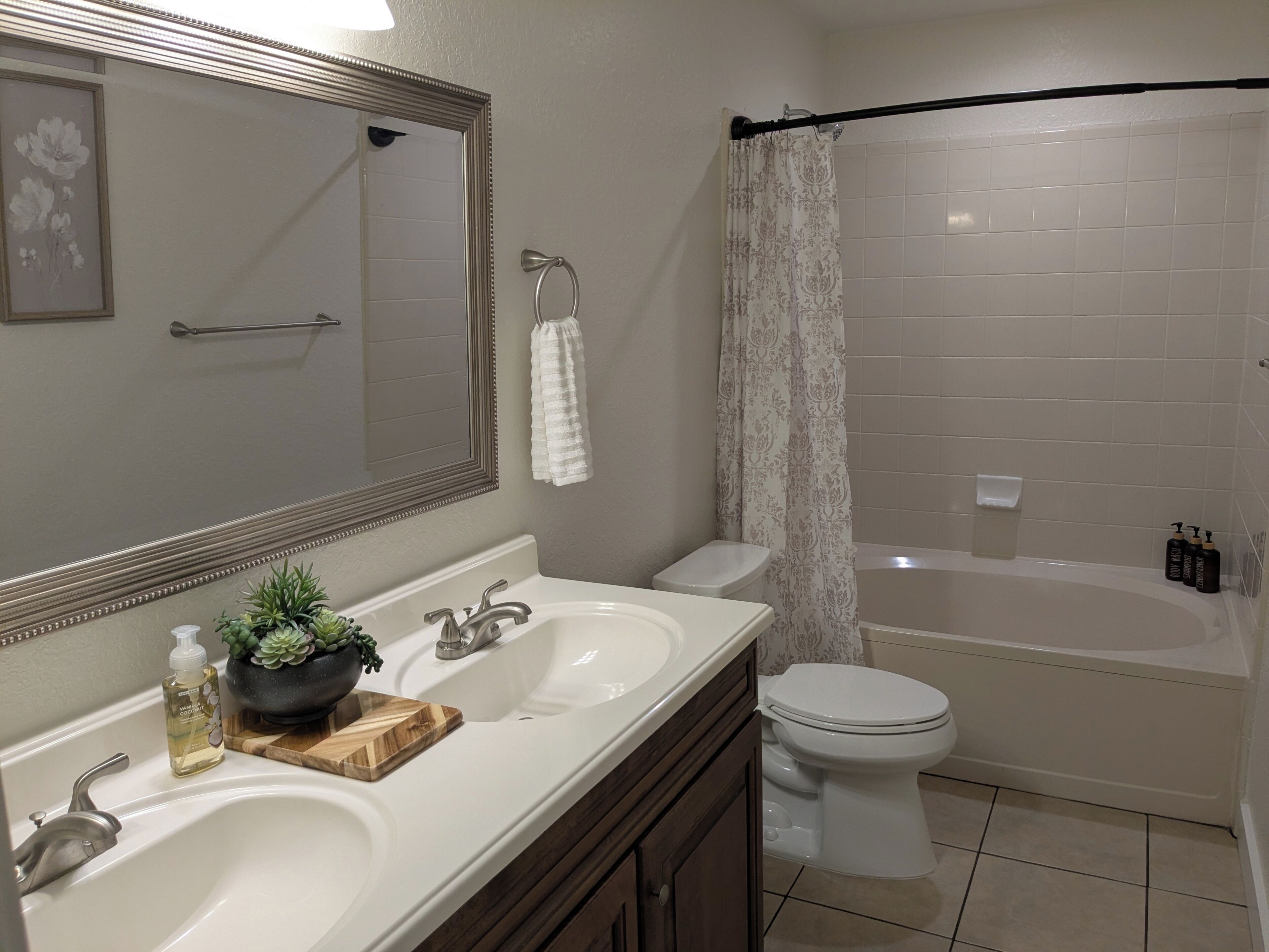 Hair dryer, towels, soap, toilet paper