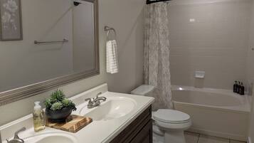 Hair dryer, towels, soap, toilet paper
