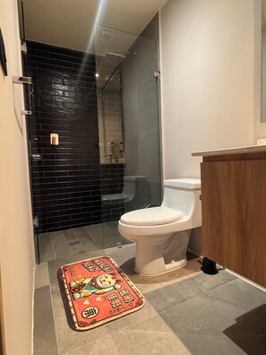 Shower, hair dryer, towels, soap