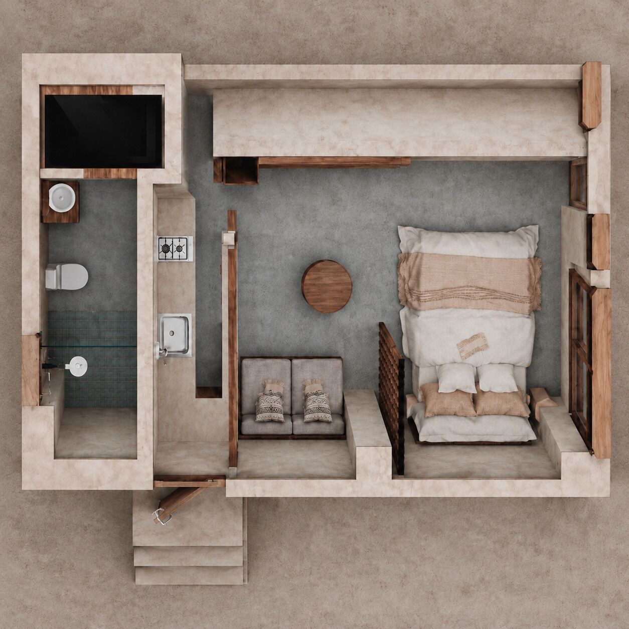 A modern bedroom with a bed, bedside tables, a built-in TV, and a small seating area.
