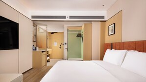 A hotel room with a bed, a desk, a mirror, a TV, a wardrobe, and a shower area. - Hilton Garden Inn Linzhi Niyang Avenue (Nyingtri)