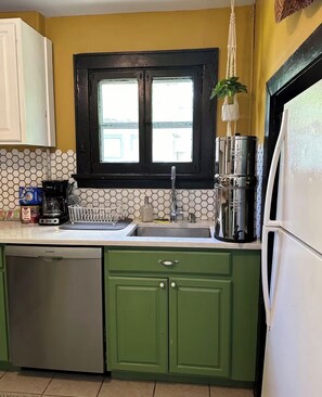 Une cuisine avec des meubles de couleur verte, un lave-vaisselle Bosch, un évier, une machine à café et une plante suspendue.