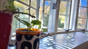 A potted plant on a windowsill, a window with a view of trees, and a patterned rug on the floor.