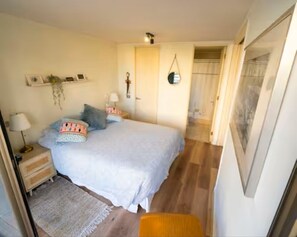 Een slaapkamer met een bed, nachtkastjes, een hangplant, een spiegel en een deur naar een andere kamer.