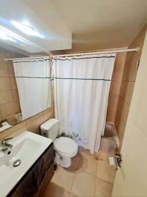 Secador de cabelo, toalhas de banho, sabonete, shampoo