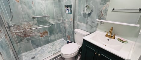 Hair dryer, towels, soap, toilet paper