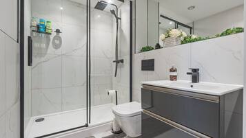 Shower, hair dryer, towels, soap