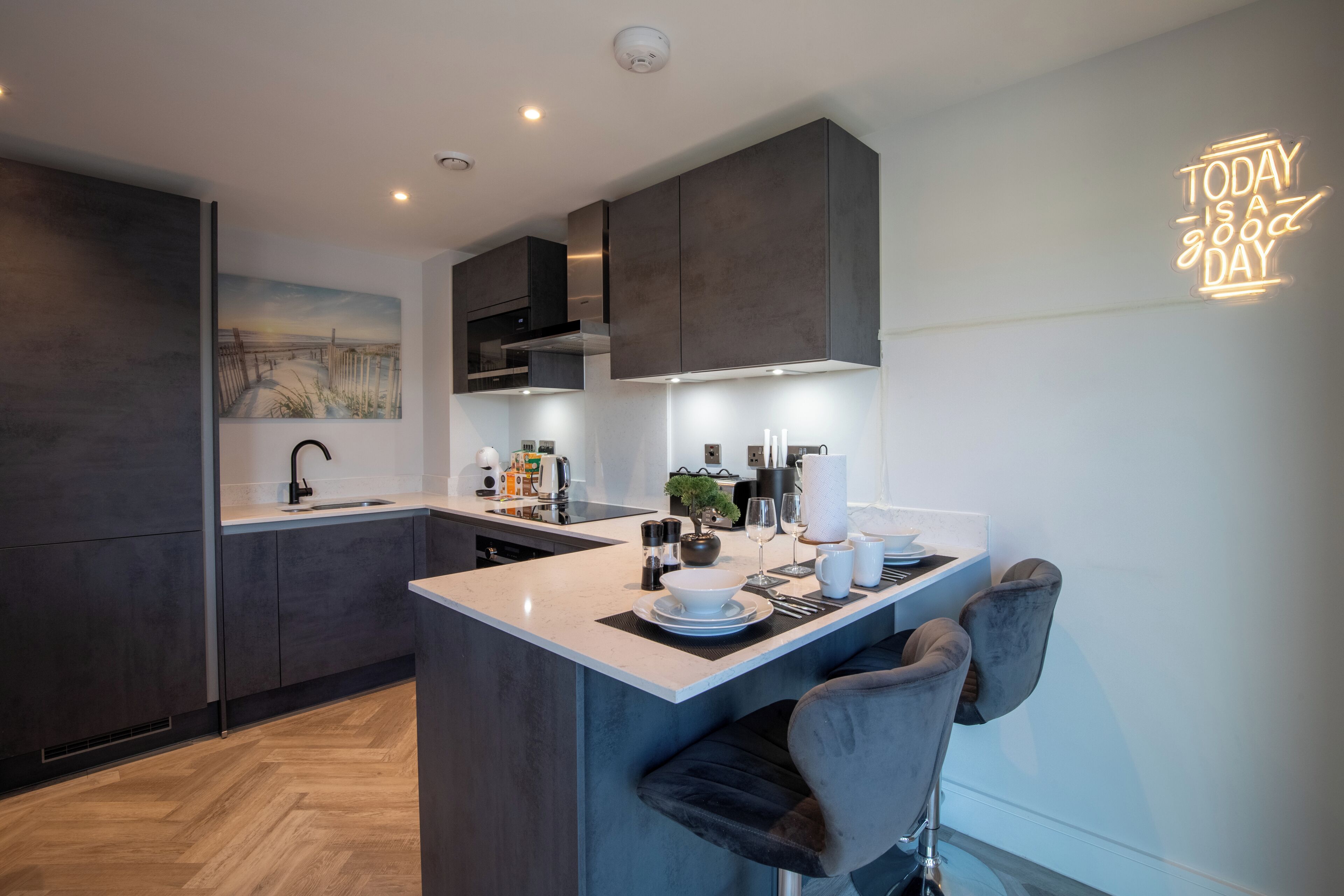 Fridge, microwave, oven, stovetop