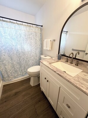Shower, hair dryer, towels, toilet paper