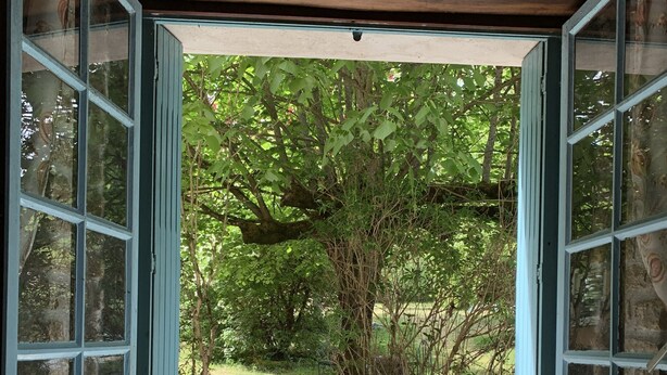 Una habitación con un ventanal grande que ofrece vistas a un jardín.