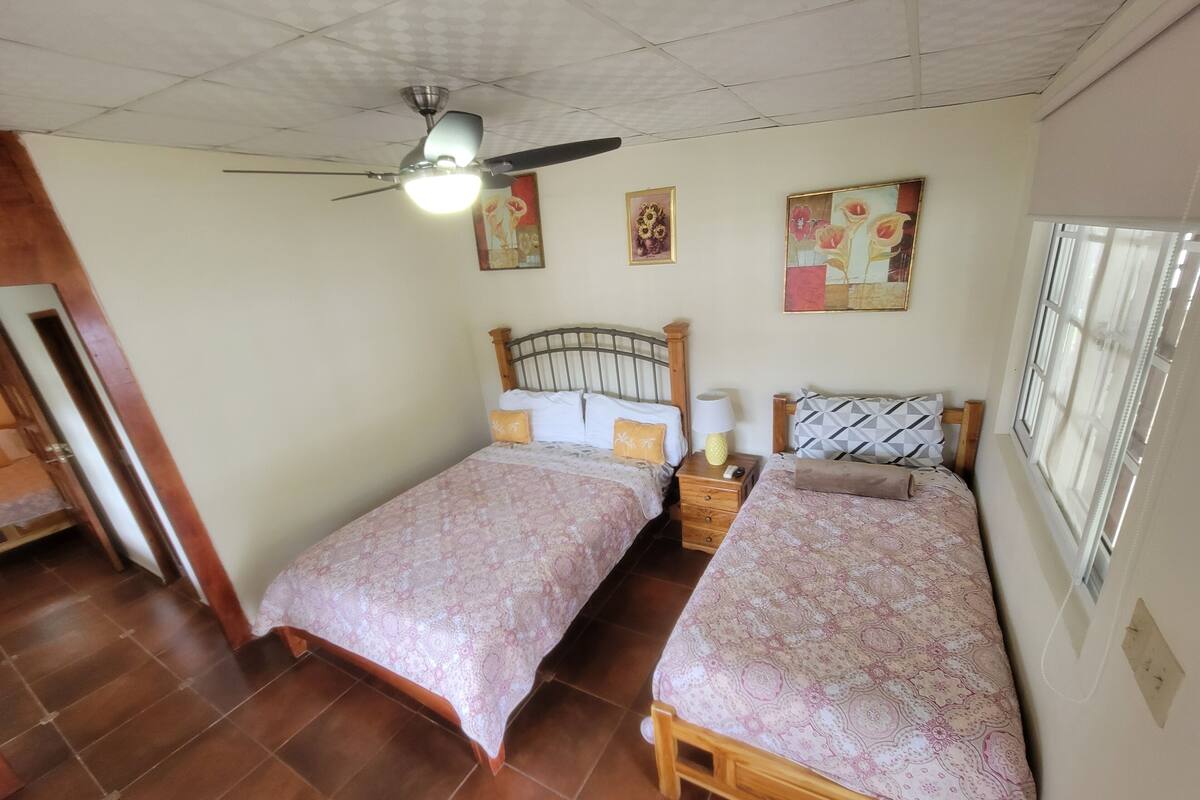 A bedroom with two beds, a ceiling fan, and artwork on the walls.
