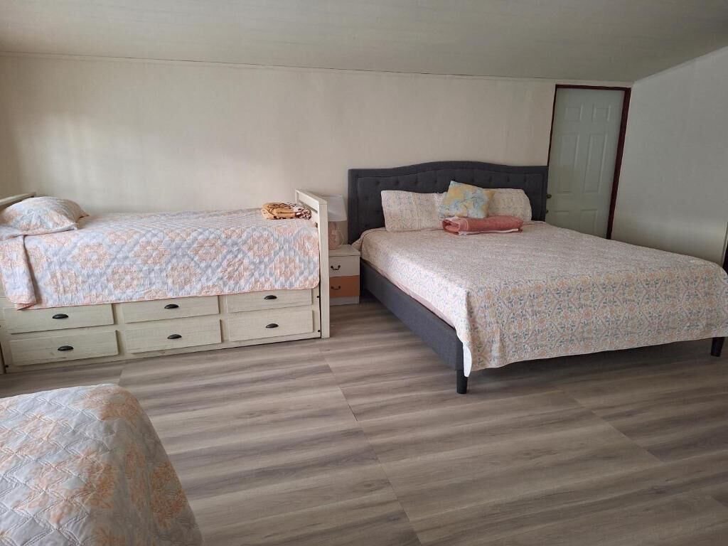 A bedroom with two beds, a dresser, and a door.