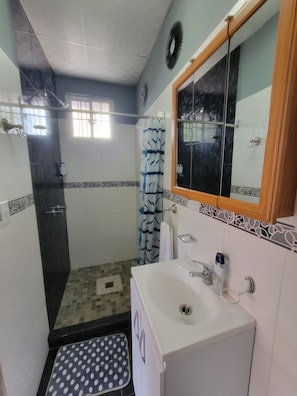 Standard Room, Courtyard View | Bathroom | Shower, rainfall showerhead, hair dryer, towels