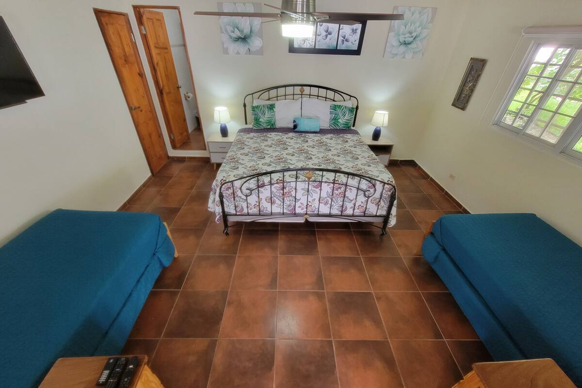 A bedroom with a bed, two bedside tables with lamps, a ceiling fan, a window, and a door.