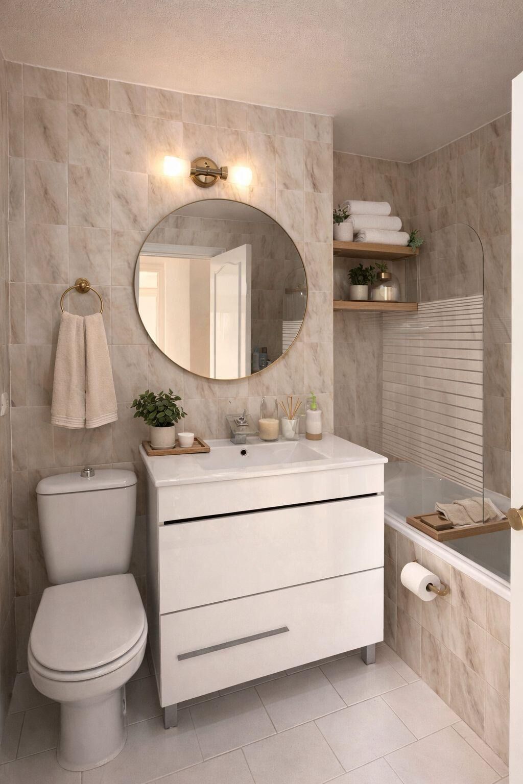 Shower, hair dryer, bidet, towels