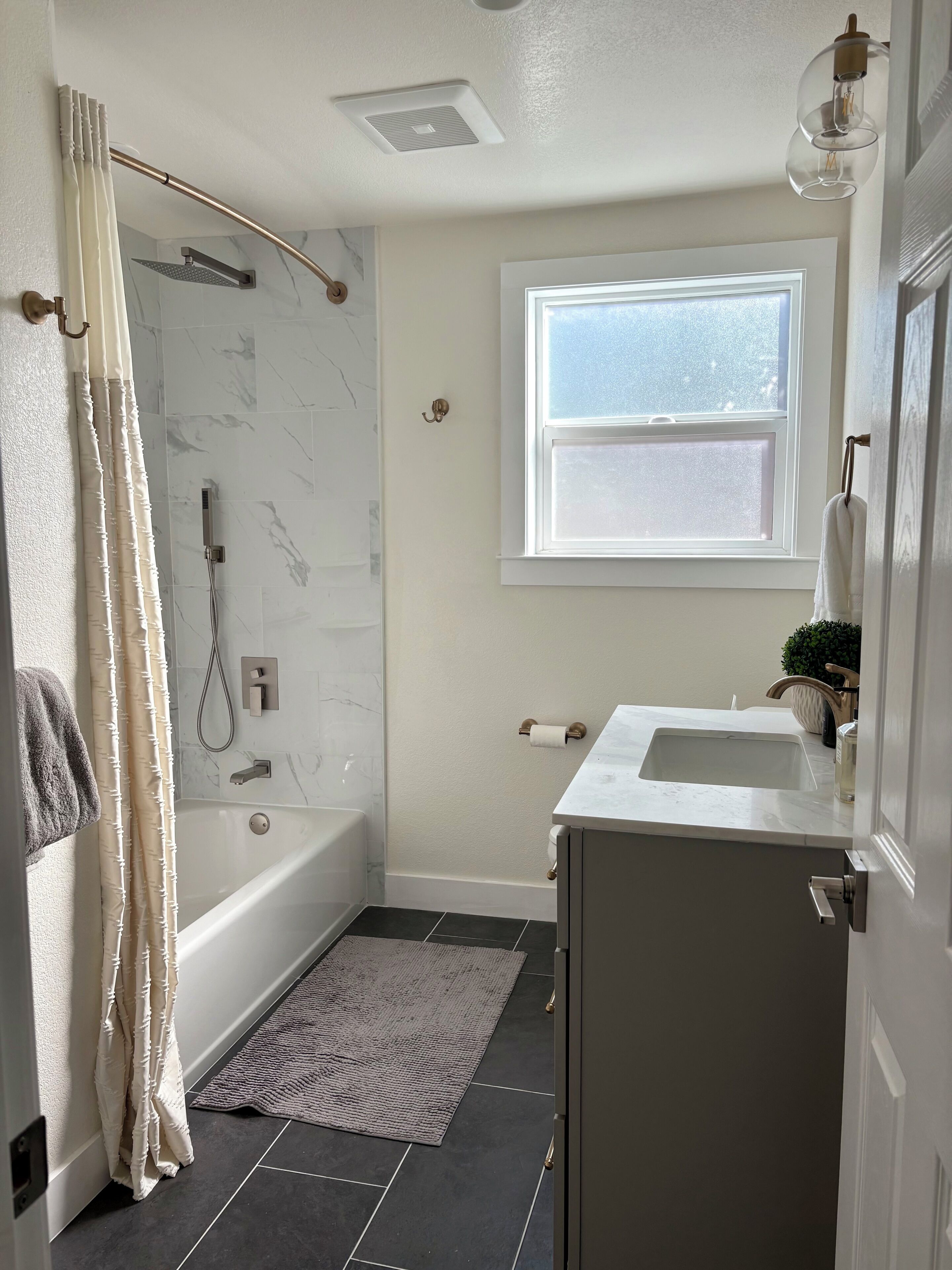 Hair dryer, towels, soap, shampoo