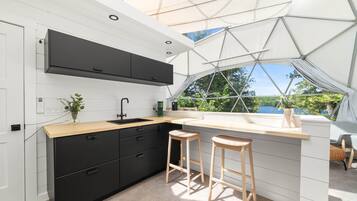 Fridge, oven, toaster, cookware/dishes/utensils