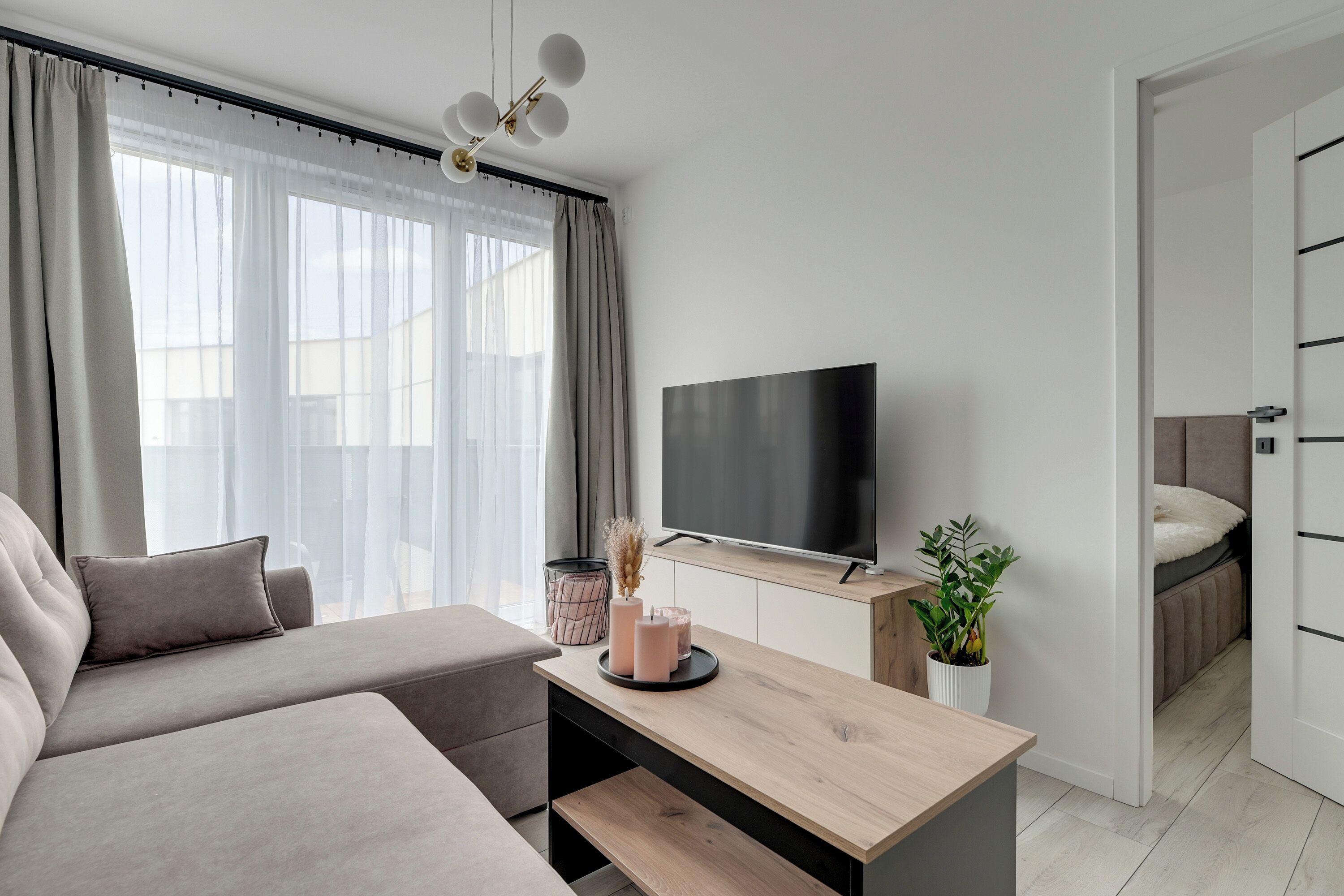 Una sala de estar moderna con un sofá, una mesa de centro, un televisor de pantalla plana y una planta en maceta.